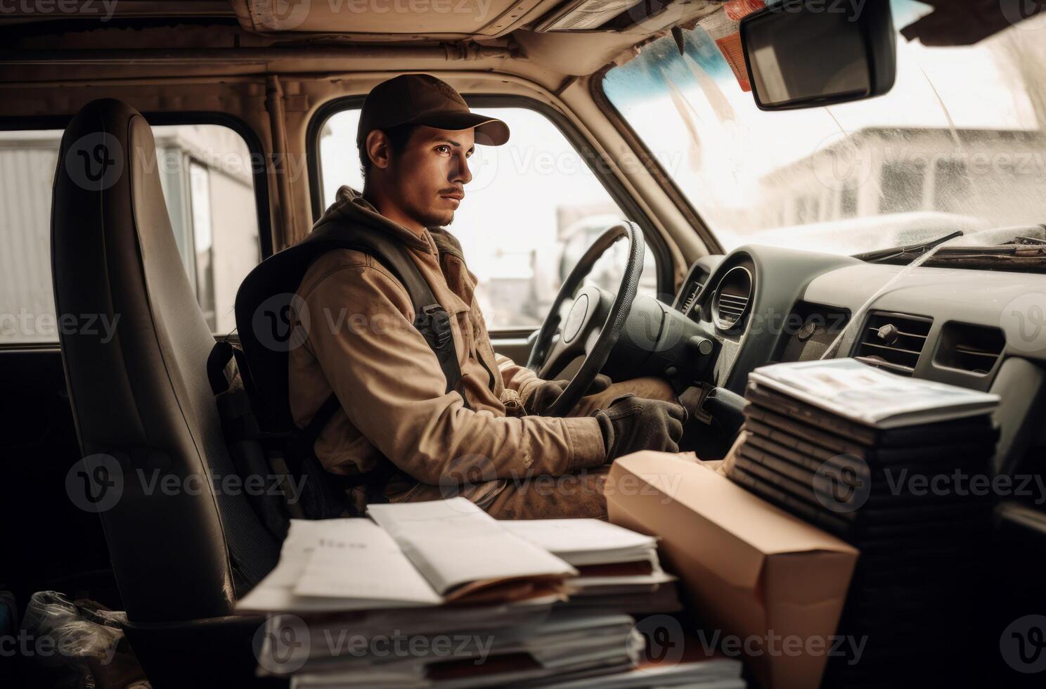 AI generated Worker sitting car. Generate AI photo
