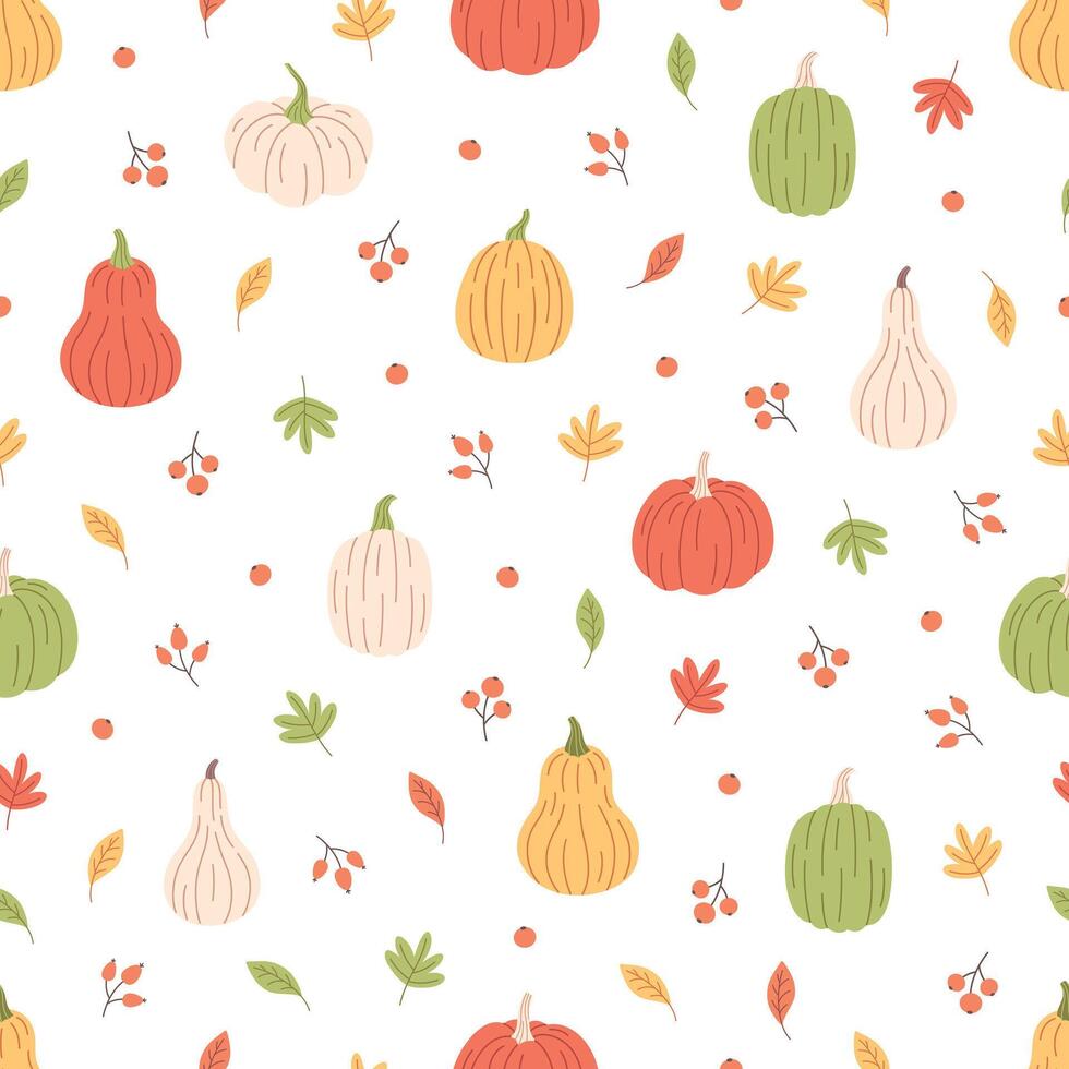 Pumpkins with autumn leaves seamless pattern. Hello autumn, autumn harvest, farming. Flat, hand drawn texture for wallpaper, textile, fabric, paper vector
