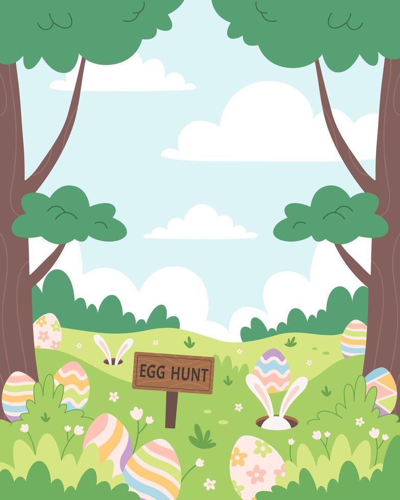 Spring meadow with hidden eggs for Easter egg hunt. Easter Event Celebration in Spring Park. Holiday tradition game for children vector