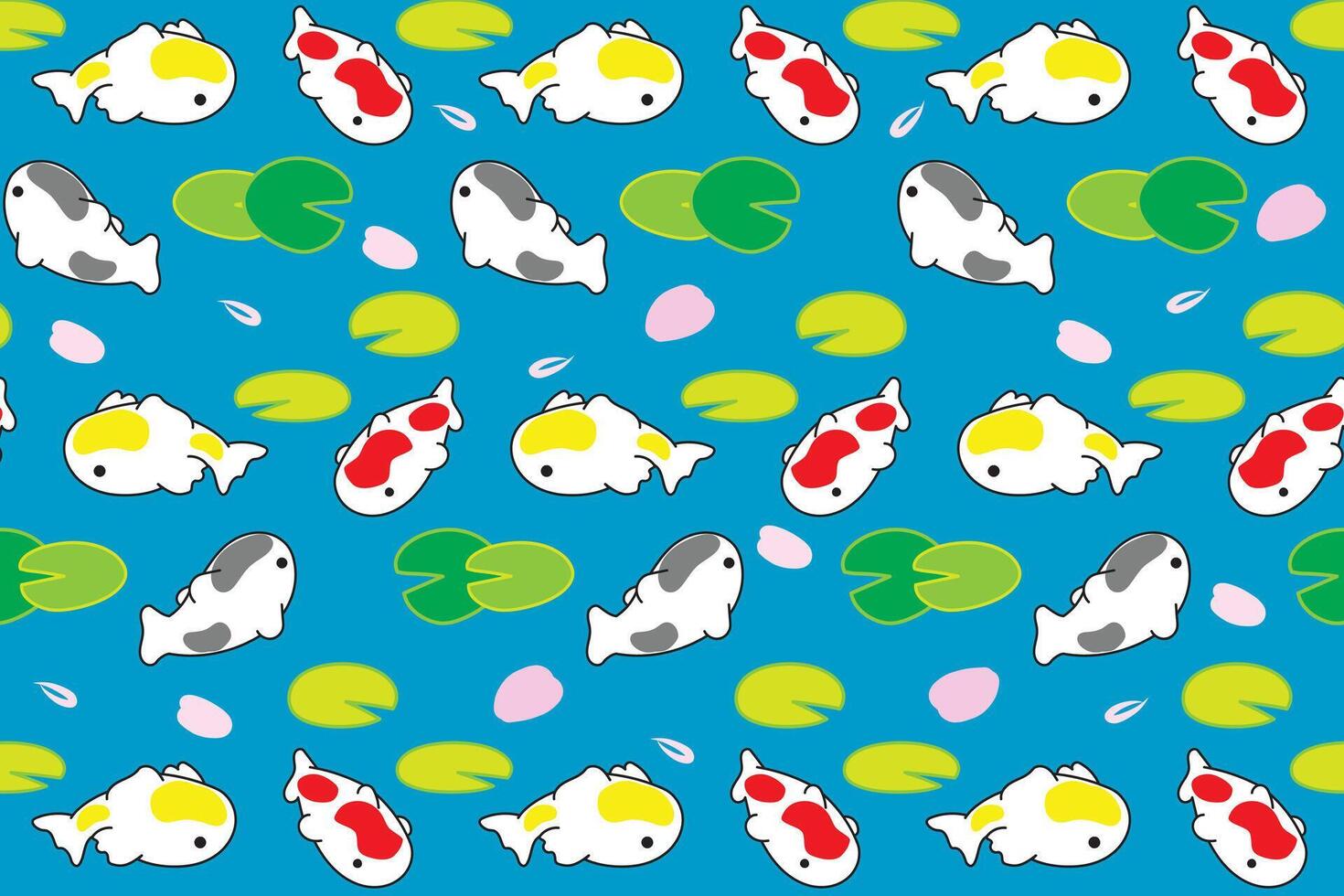 Illustration pattern of koi fish with lotus leaf and petal fall on blue background. vector