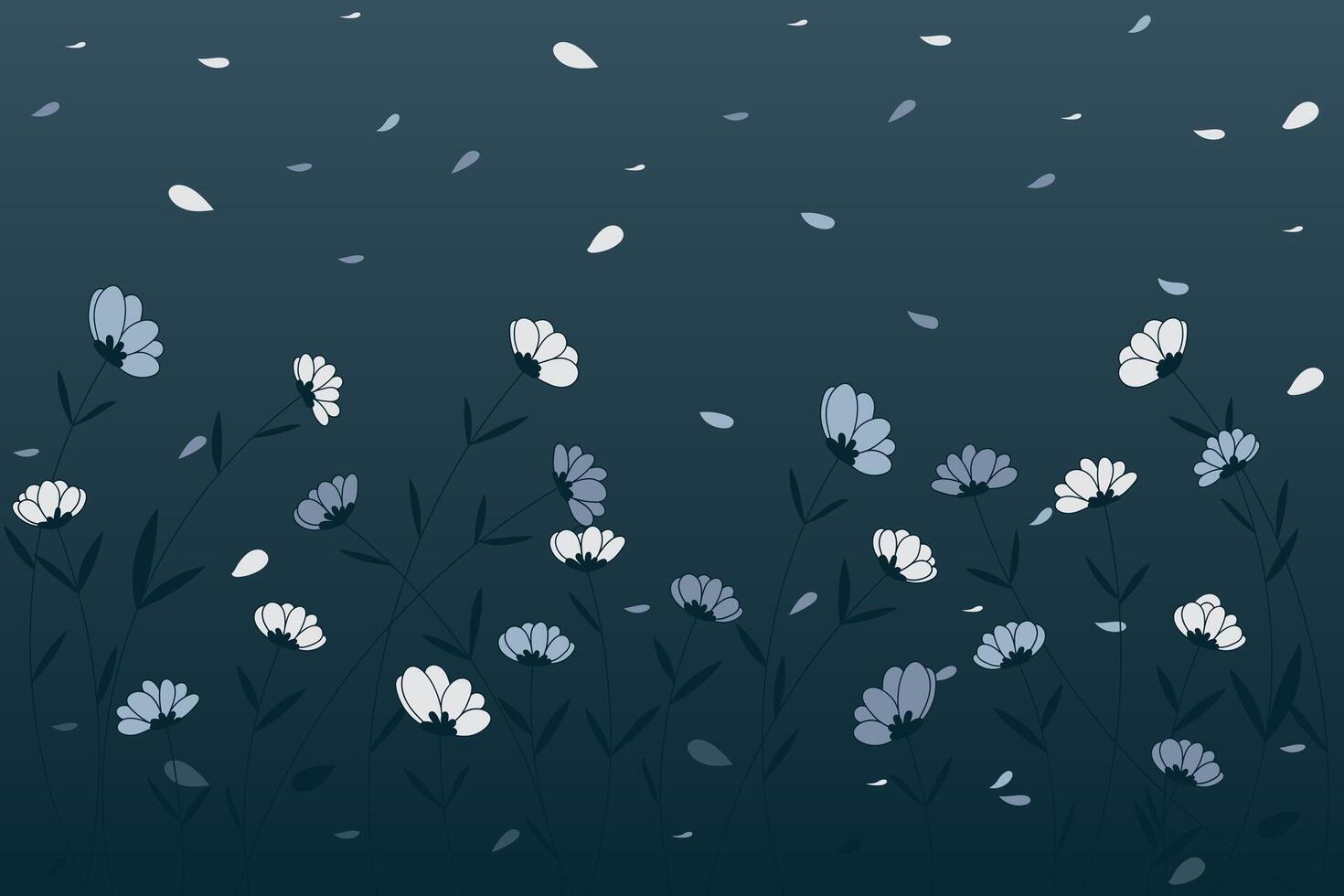 ilustración de el flor con el viento golpes pétalos en degradado profundo azul antecedentes. vector