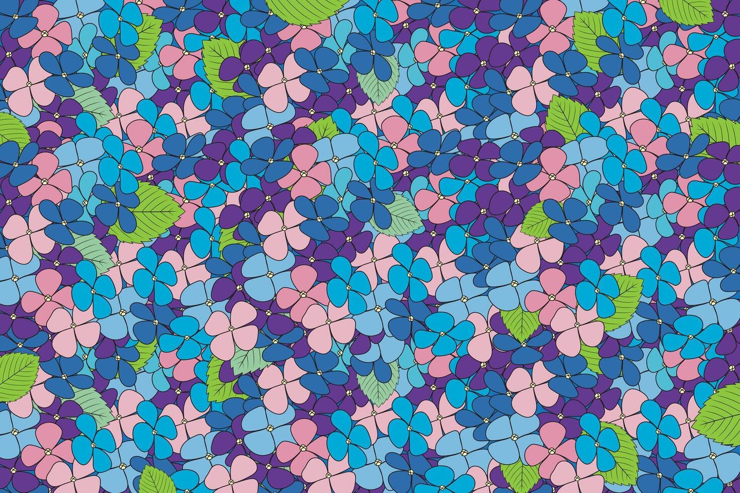 Illustration wallpaper of the Hydrangea flower with leaves on blue background. vector