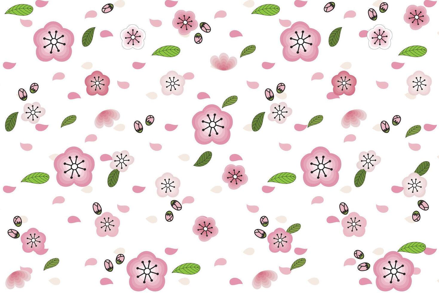 Illustration, Pattern of cherry blossom flower with leaf on white background. vector