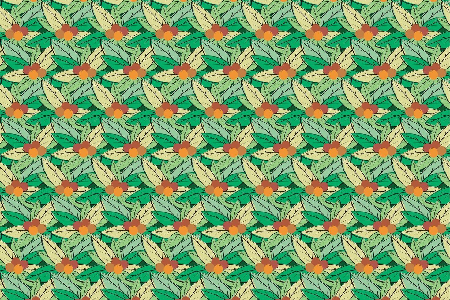 Illustration pattern of leaf with fruit on green background. vector