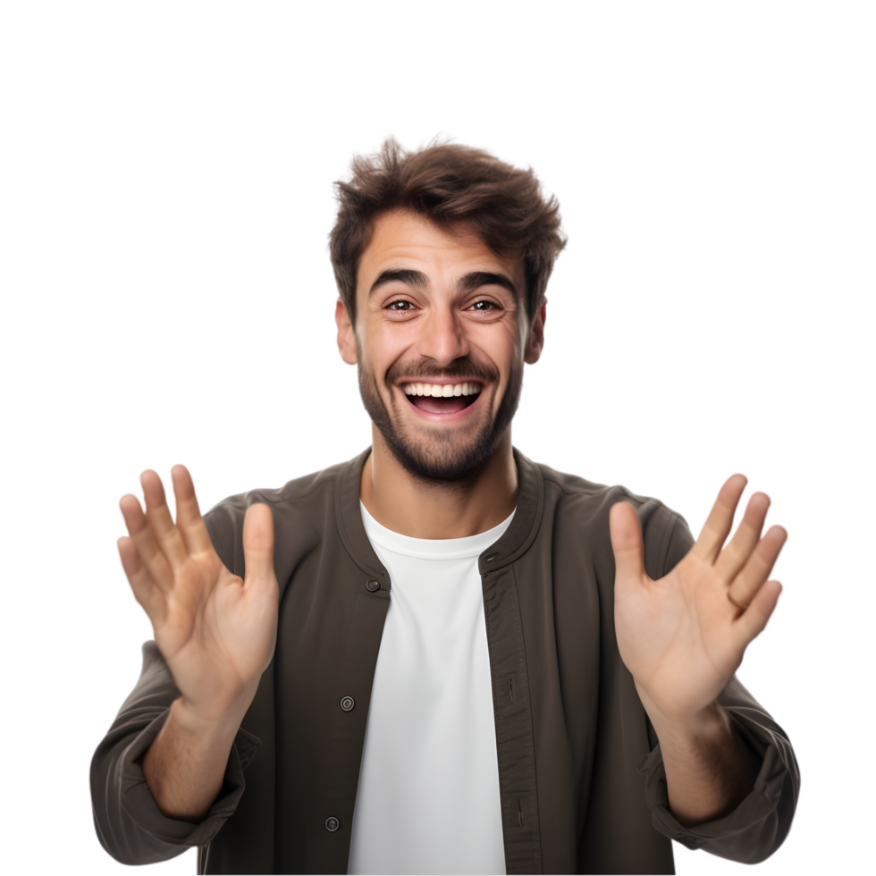 ai generado hombre ondulación mano y sonriente en transparente antecedentes png imagen