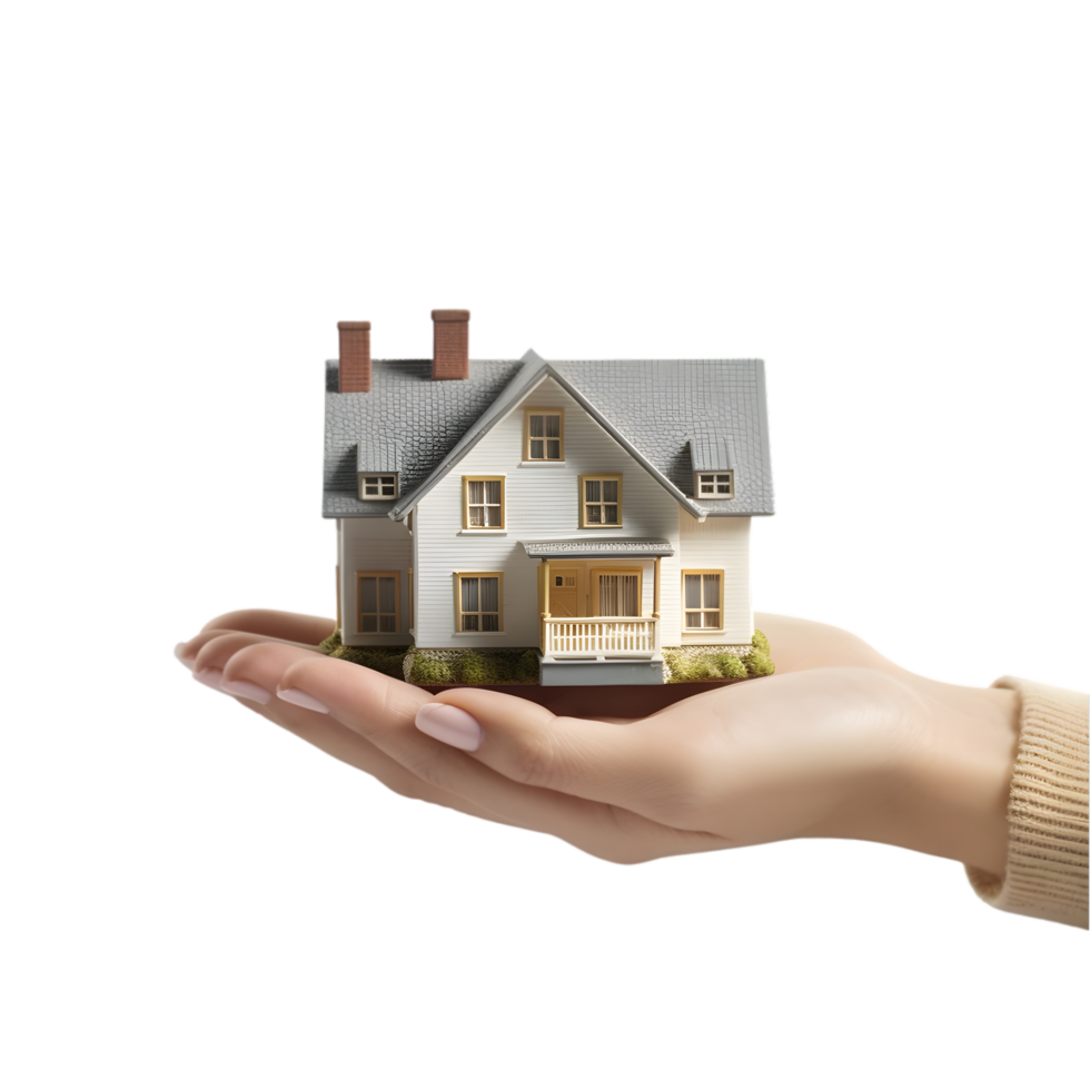 AI generated small house on hand palm on transparent background PNG image