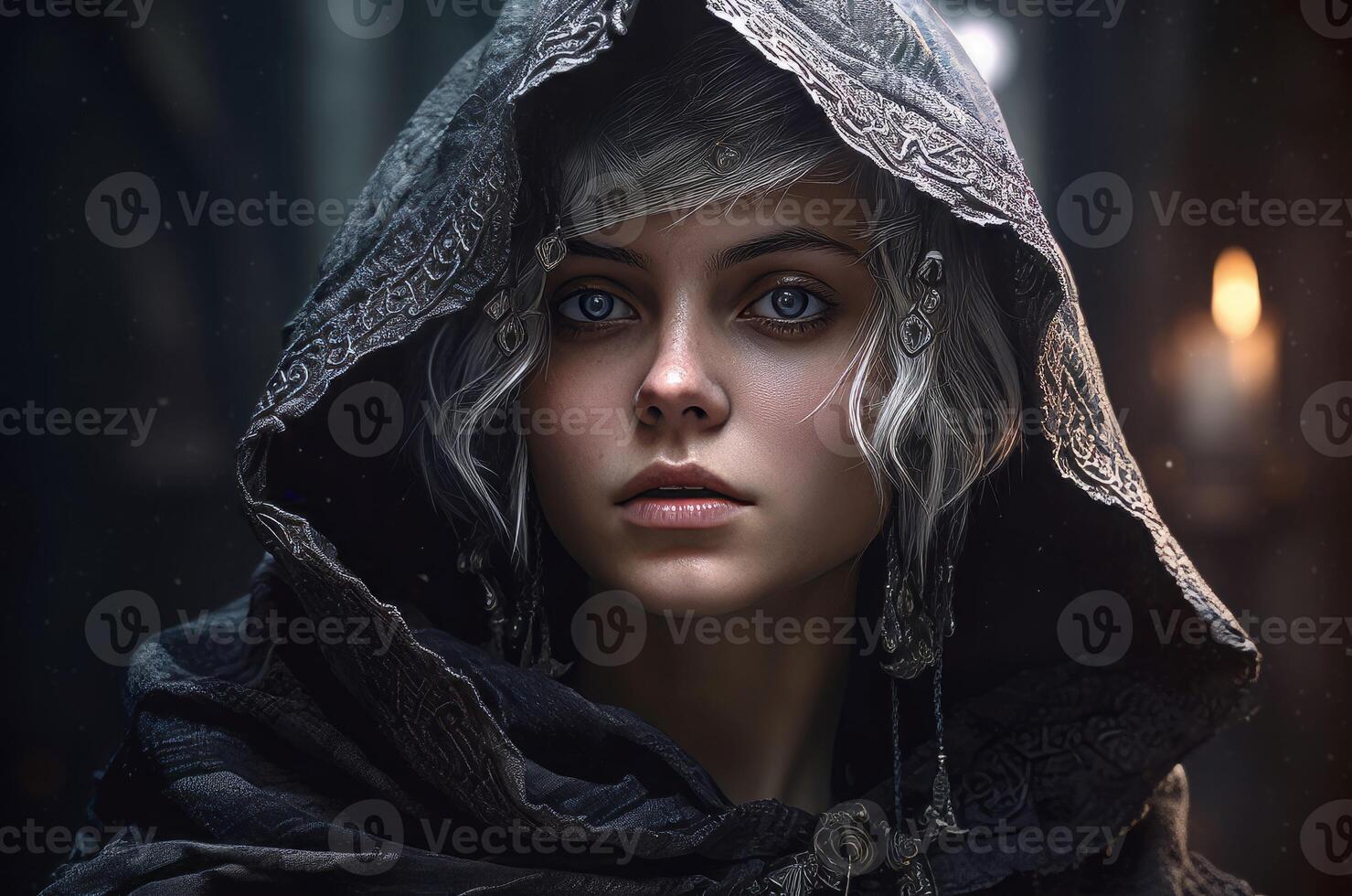 AI generated Beautiful female medieval warrior in hooded robe portrait. Generate ai photo