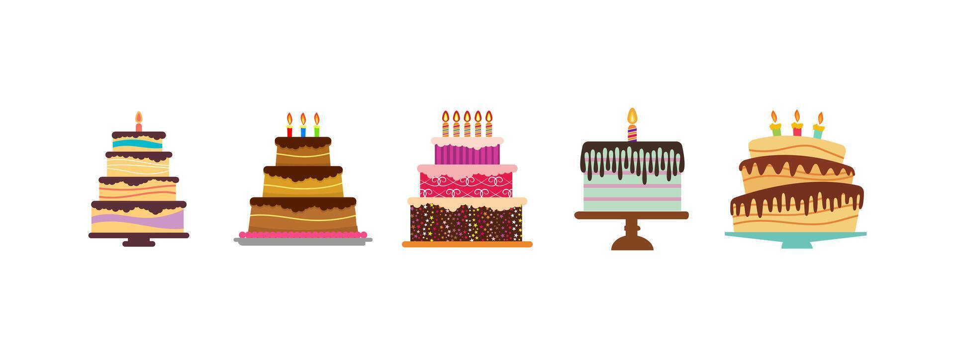 Sweet birthday cakes with burning candles vector