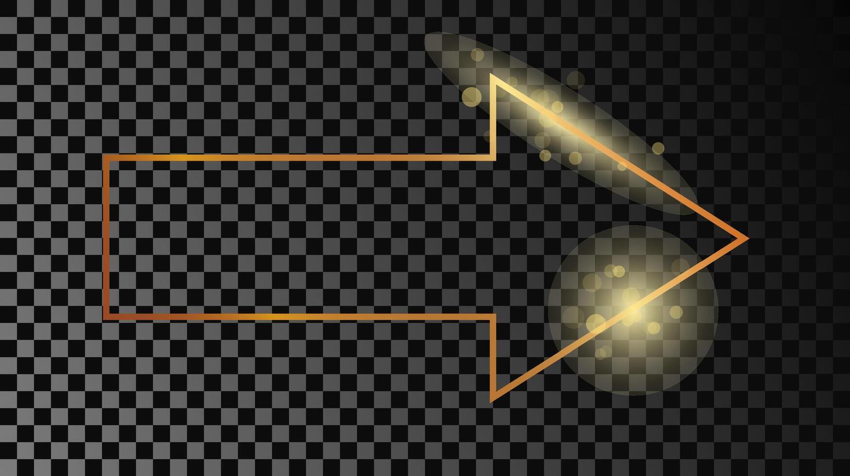 Gold glowing arrow shape frame isolated on dark background. Shiny frame with glowing effects. Vector illustration.