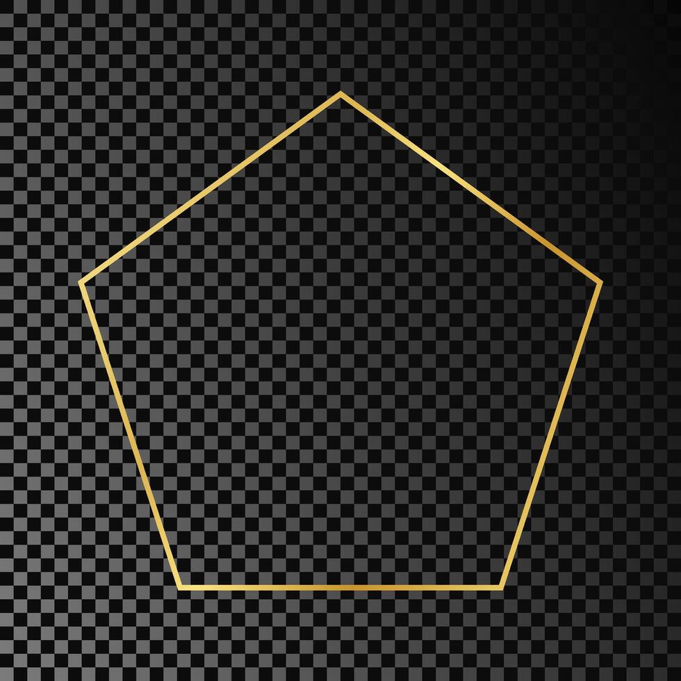 Gold glowing pentagon shape frame isolated on dark background. Shiny frame with glowing effects. Vector illustration.
