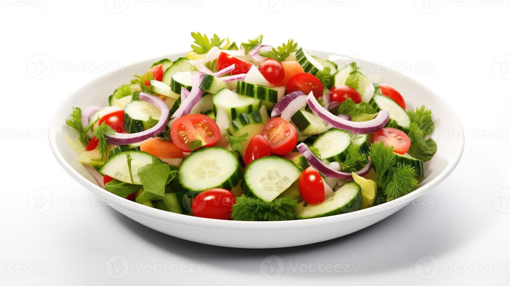 ai generado vegetariano delicioso boca riego sabroso Fresco ensalada de perejil y eneldo vegetales en blanco lámina. foto