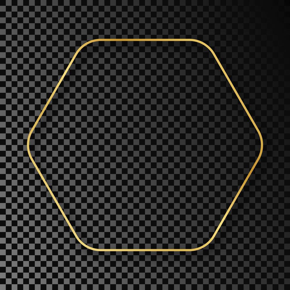 Gold glowing rounded hexagon frame with shadow isolated on dark background. Shiny frame with glowing effects. Vector illustration.