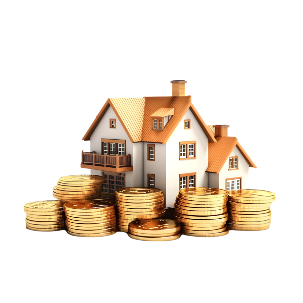 AI generated house and coins real estate buy and selling concept on transparent background PNG image