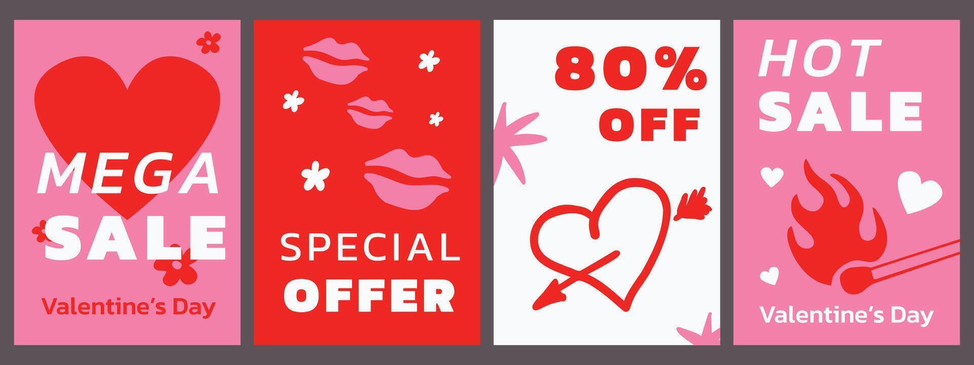 A set of poster designs for the Valentine's Day sale in a naive minimalistic style. A template for flyers with cut-out hearts, various hand-drawn elements. vector