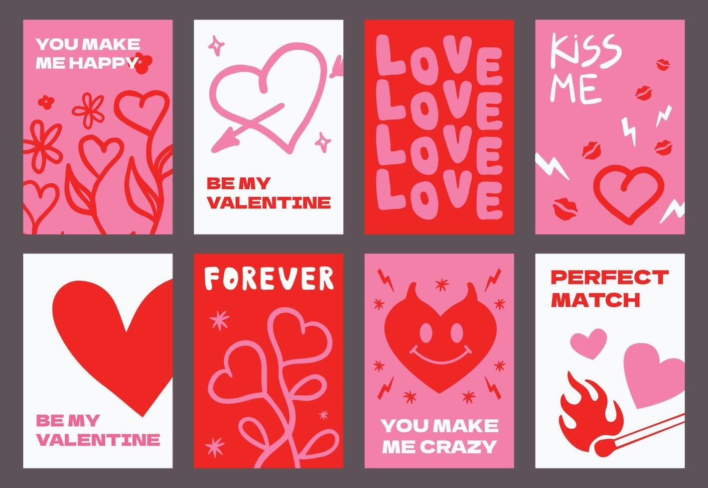 un conjunto de póster diseños para San Valentín día en un ingenuo minimalista estilo. tarjeta postal plantillas con separar corazones, varios dibujado a mano elementos. vector