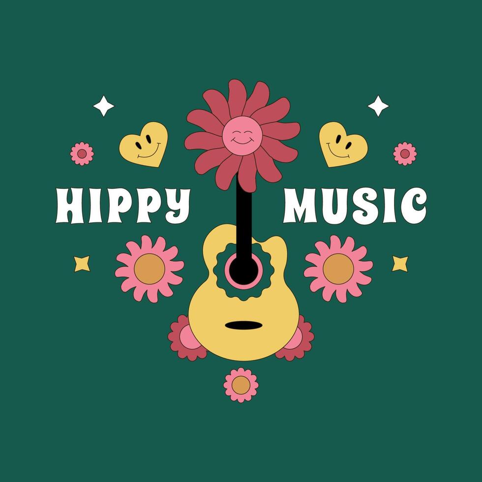 Bright print with acoustic guitar, flowers and hearts and the inscription Hippy music. A design element for a psychedelic, nosyalgic festival. vector