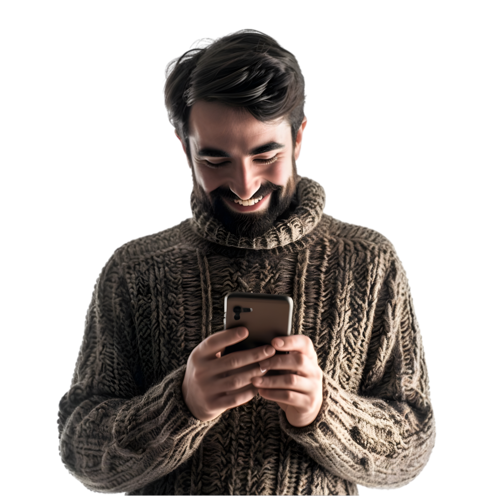AI generated Man Holding Mobile and Smiling on transparent background PNG image