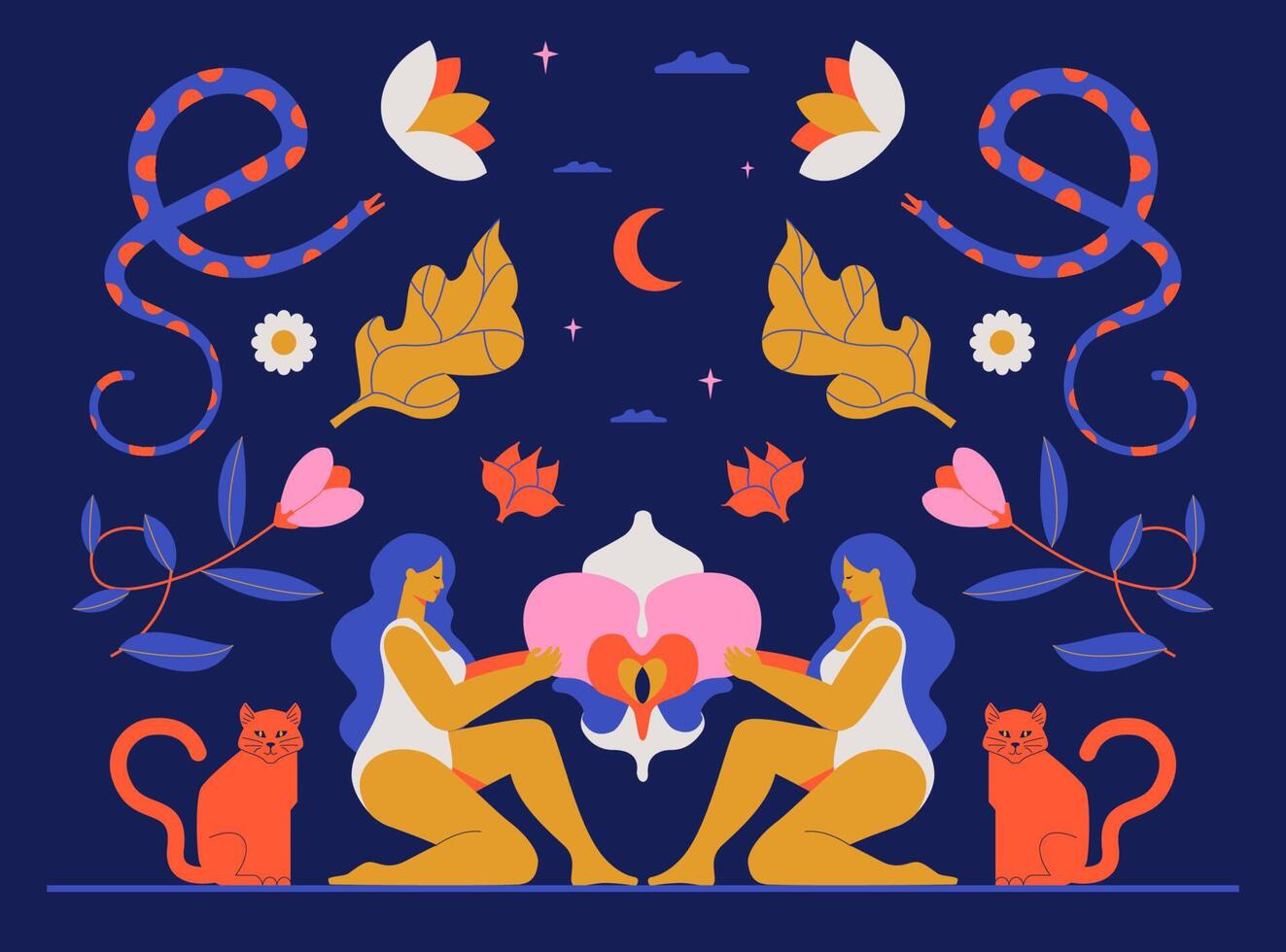 A mystical drawing of the interaction of two women and an orchid, a symbol of sacred femininity. Boho illustration with flowers, witches, moon, snakes, cats. vector