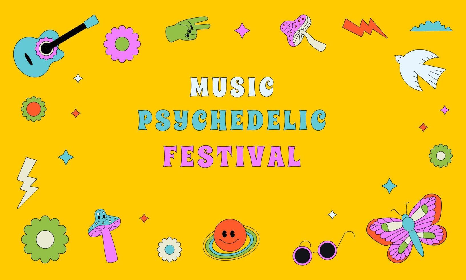 Bright background design for musical psychedelic festival. Elements in funky groovy style. vector