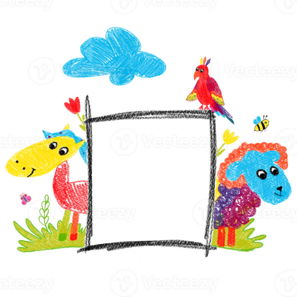 kader van hand getekend kinderen dieren met wolk en gras. schaap, paard, papegaai. kinderen tekeningen gebruik makend van potlood techniek. geïsoleerd afbeeldingen. voor verjaardag ontwerp, partij kaart, tekst png