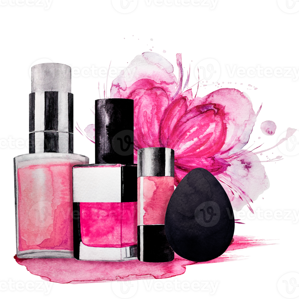 Set of decorative cosmetics. Eyeshadow, nail polish, highlighter, concealer, blush hand-painted in watercolor. Isolated pictures of makeup. For design or for sales. png