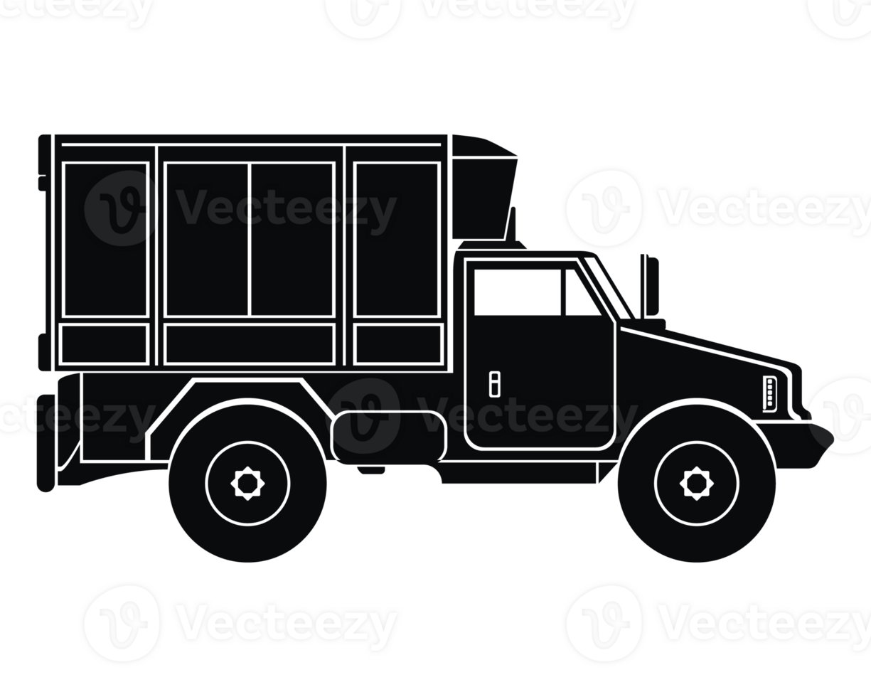 Commercial truck silhouette. Black icon. Transportation, delivery symbols, pictogram. PNG Illustration.