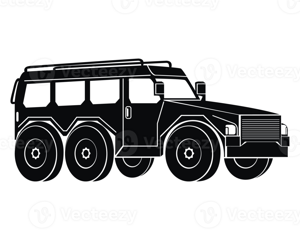Armored military vehicle silhouette. Black icon. War and army symbols. PNG Illustration.