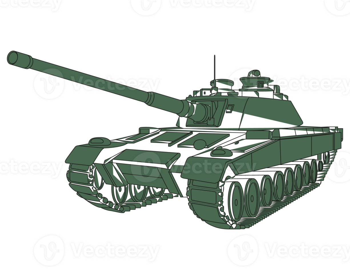 Main battle tank green doodle. Armored fighting vehicle. Special military transport. PNG illustration.