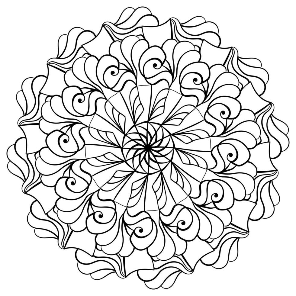 contorno mandala con mechones de remolinos, meditativo colorante página para niños y adultos vector