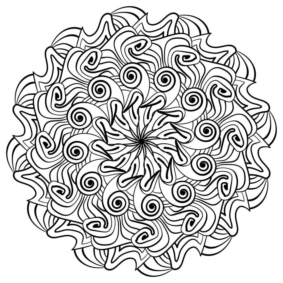 Mandala with spiral petals, meditative zen coloring page for kids and adults vector