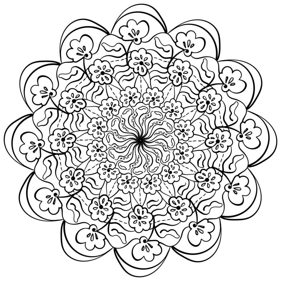 Simple outline mandala with flowers and ornate patterns, meditative coloring page vector