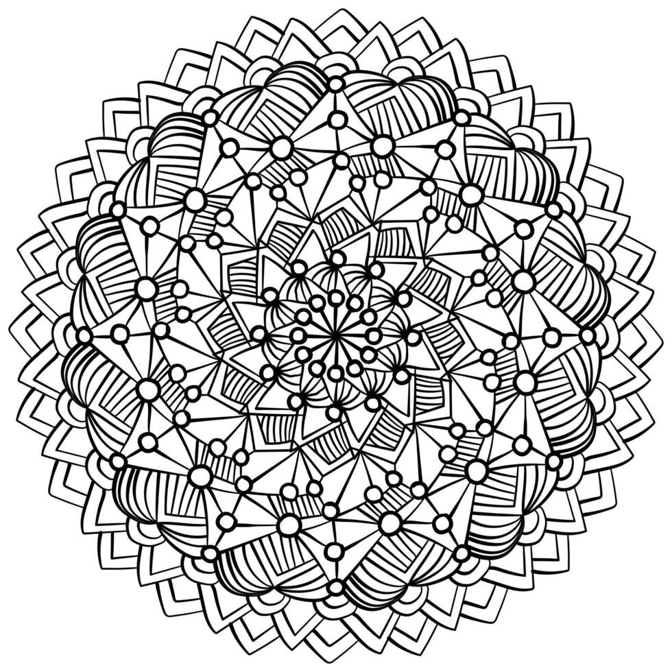 Meditative mandala with circles and lines, coloring page for kids activity vector