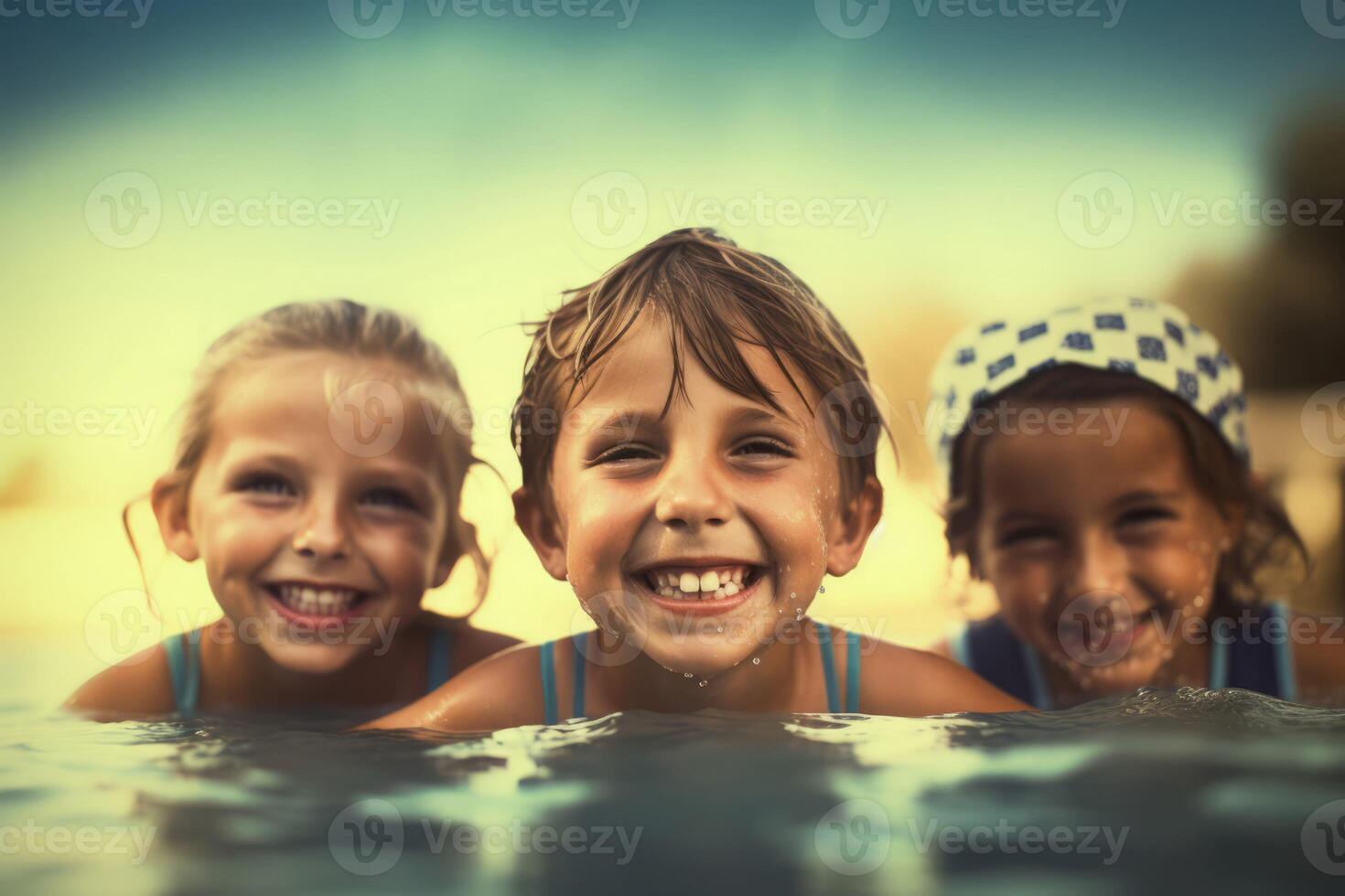 AI generated Group kids in pool. Generate ai photo