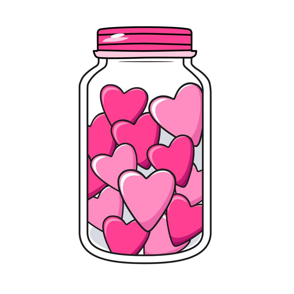 Cute vector icon jar with pink red hearts for Valentine day. Flat design element collection. Minimal cartoon illustration for design web banner and greeting card
