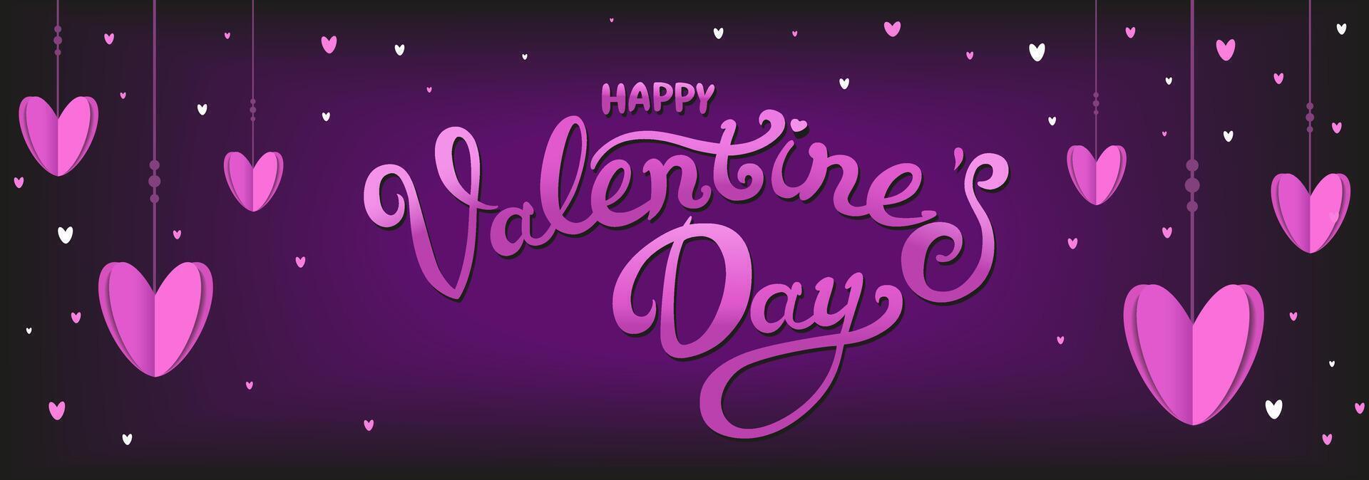 Vector Hanging hearts with text by Valentine day. Cute lettering. Black violet background in flat style. For greeting card, logo, sale, product, design