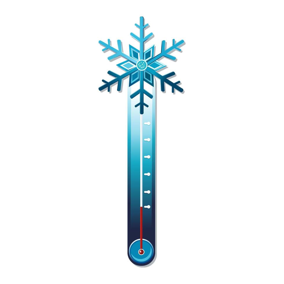 Vector blue thermometer in cold winter weather conditions. Icon with symbol snowflake in flat design. Illustration for card, banner, poster, 2d, package