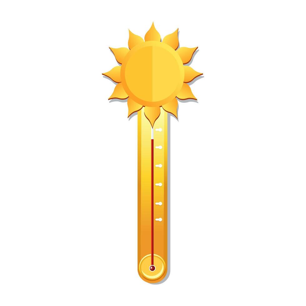 Vector yellow thermometer in hot summer weather conditions. Icon with symbol sun in flat design. Illustration for card, banner, poster, 2d, package