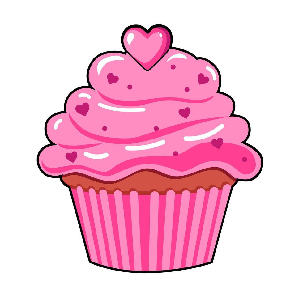 Cute vector icon cake with pink heart for Valentine day. Flat design element collection. Minimal cartoon illustration for design web banner and greeting card