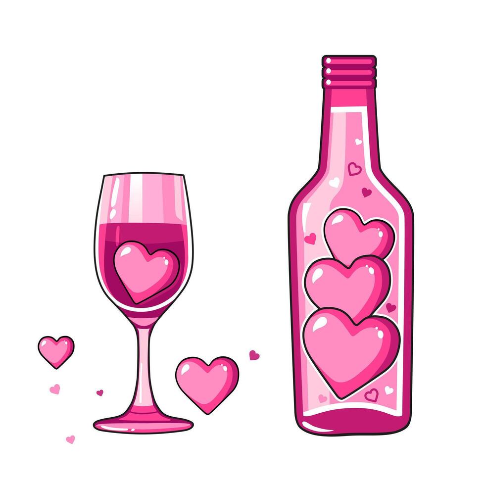 Cute vector icon with pink wine bottle and glass for Valentine day. Flat design element collection. Minimal cartoon illustration for design web banner and greeting card