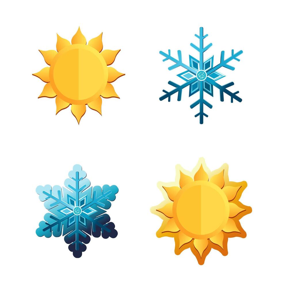 Summer sun and winter snowflake vector icons. Symbol of weather and outside temperature in flat design. Illustration for card, banner, poster, 2d, package