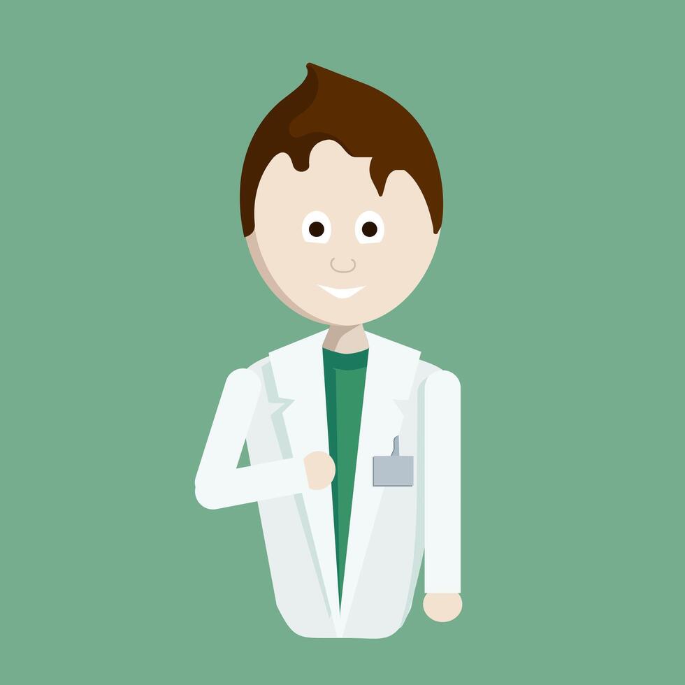 The doctor is a man with dark brown hair and big eyes, with a nametag on his white coat and wearing a green T-shirt. The figure is waist length. Vector