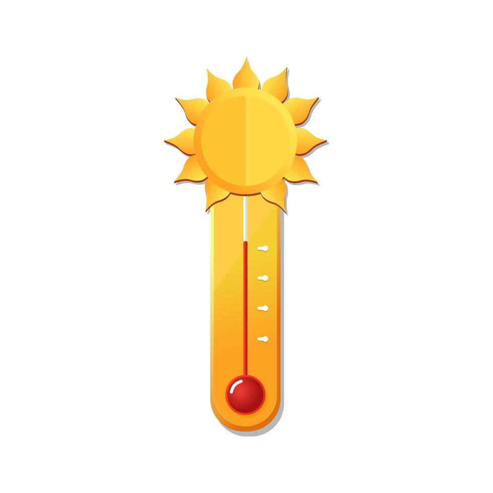 Vector yellow thermometer in hot summer weather conditions. Icon with symbol sun in flat design. Illustration for card, banner, poster, 2d, package