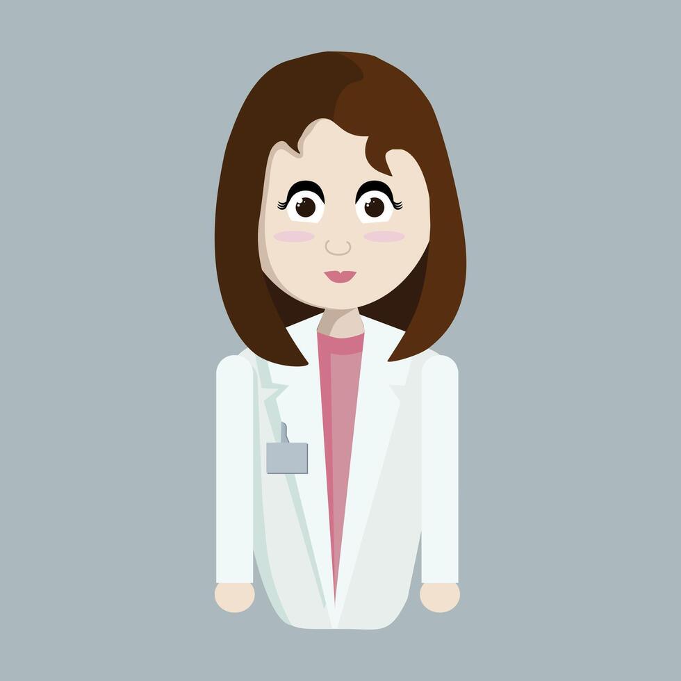 The doctor is a woman with dark brown hair and big eyes, with a nametag on her white coat and wearing a pink blouse. A waist-length figure. Vector