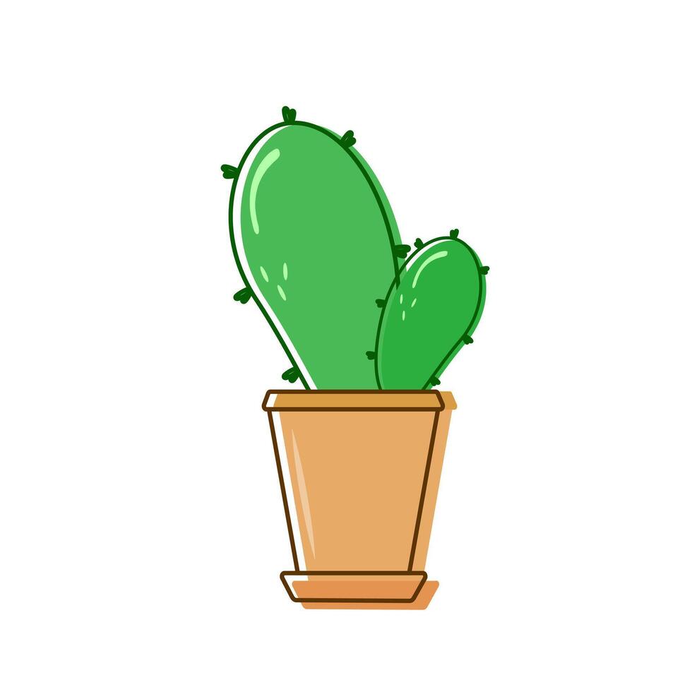 Spiny green cactus with branch in brown pot with outline. Dark prickles and highlights with shadows. House plant. Illustration. Vector