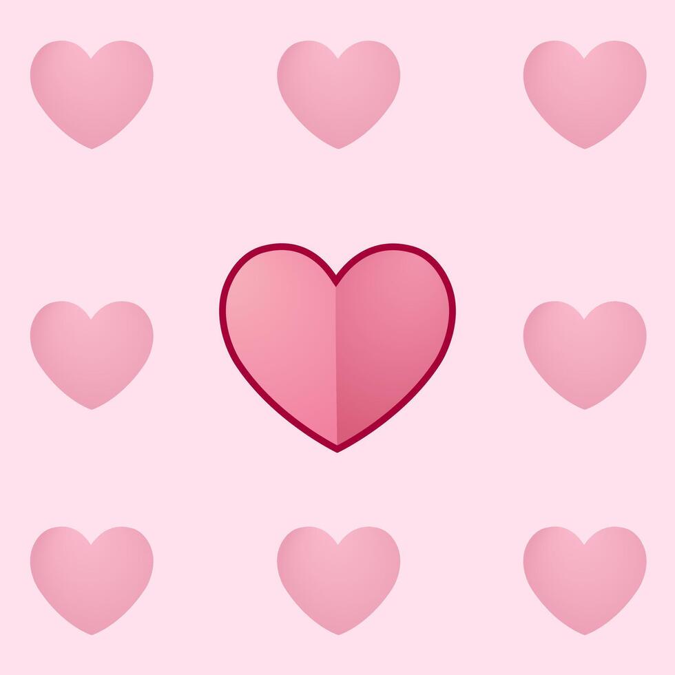 A set of pink hearts on a pink square background. In the center stands out a heart of large size with a dark outline. Postcard for Valentine s Day. Vector