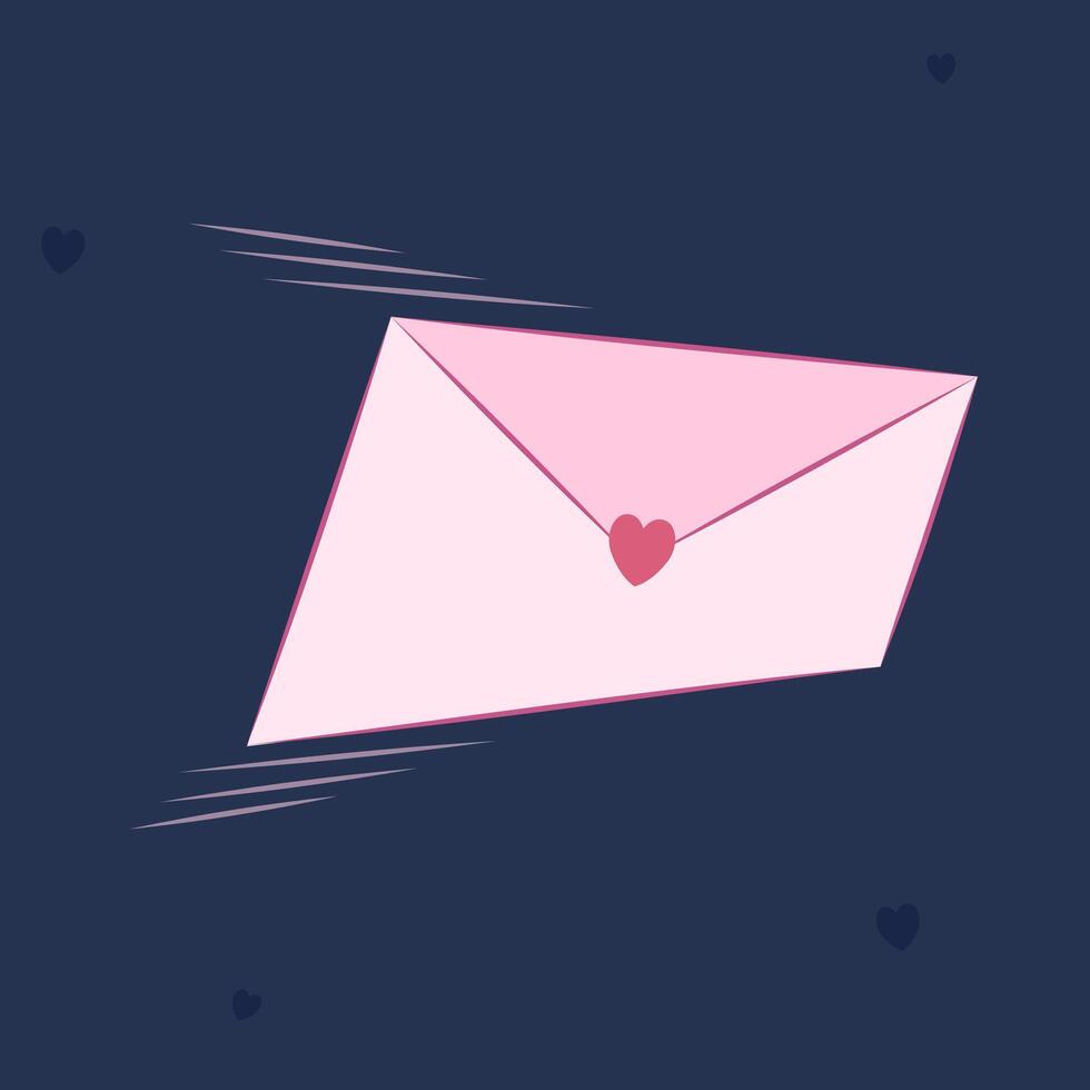 Pink flying envelope with a heart and declaration of love for Valentine s Day on a dark background. Vector