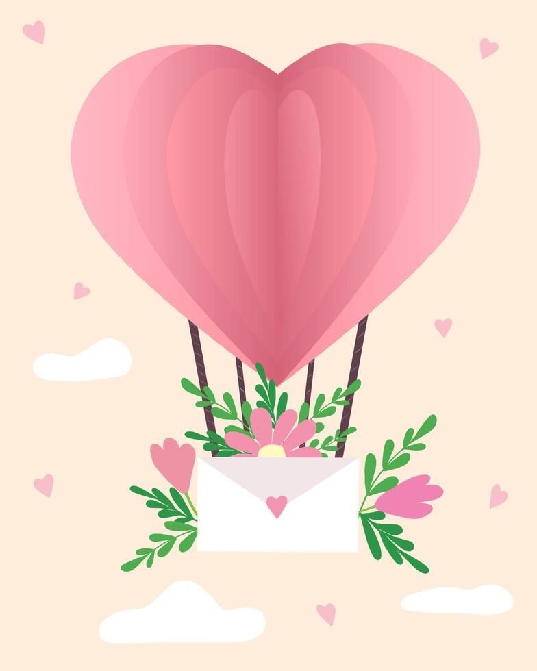 A large pink heart-shaped balloon flies through a peachy sky with clouds and carries an envelope with a declaration of love. There are flowers blooming all around and hearts in the sky. Valentine's Day. vector