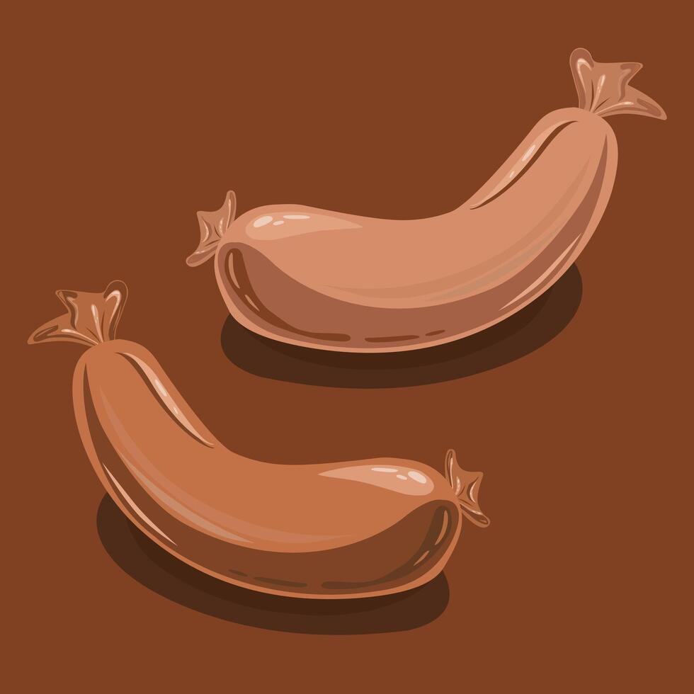 Two brown stylized sausages with tails, with highlights and shadows on dark brown background. Food. Vector