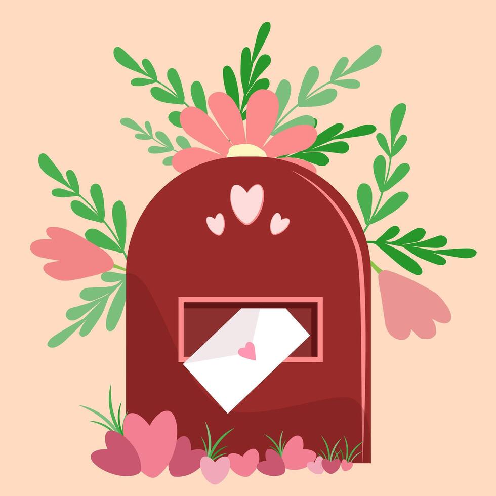 A brown metal mailbox with a Valentine s Day envelope stands in a pile of scattered pink hearts and grass. Flowers and leaves are growing out of the box in different directions. Vector. vector