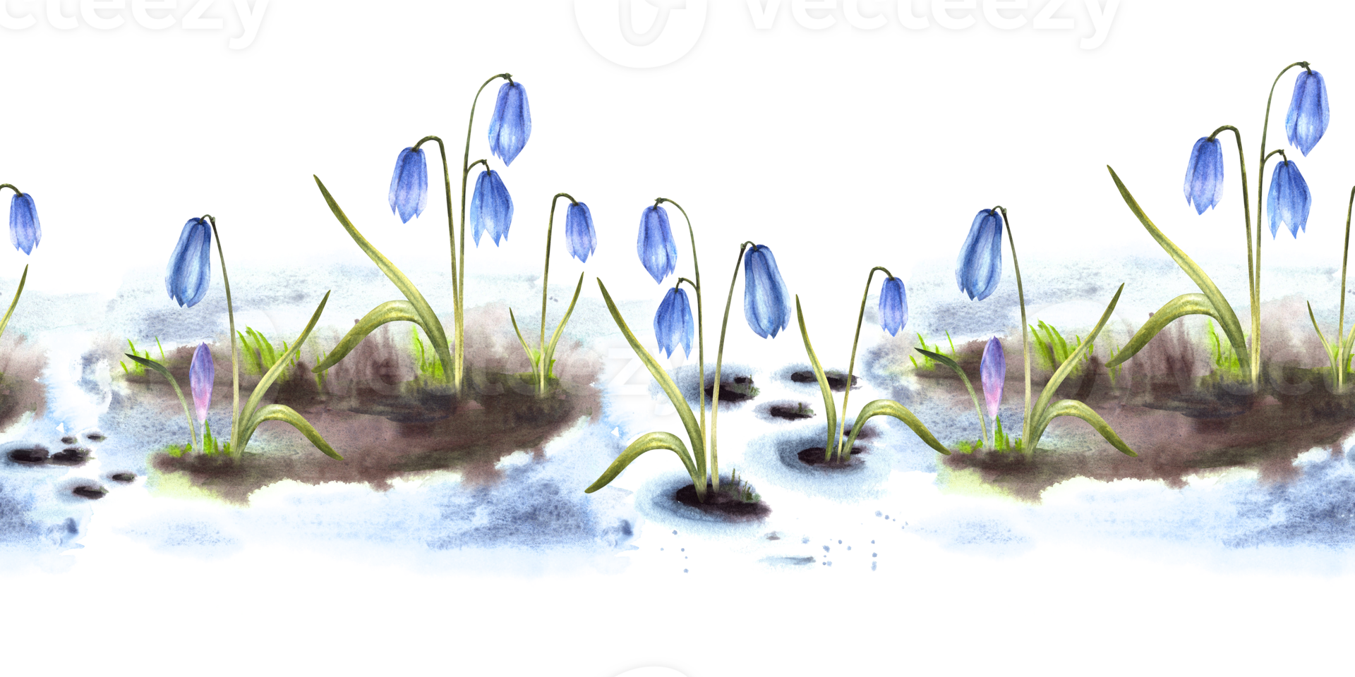 Watercolor painting primary flowers illustration Arrival of spring seamless pattern, border Melting snow landscape blue squills, scilla snowdrops Flowers sprouting through the snow  background png